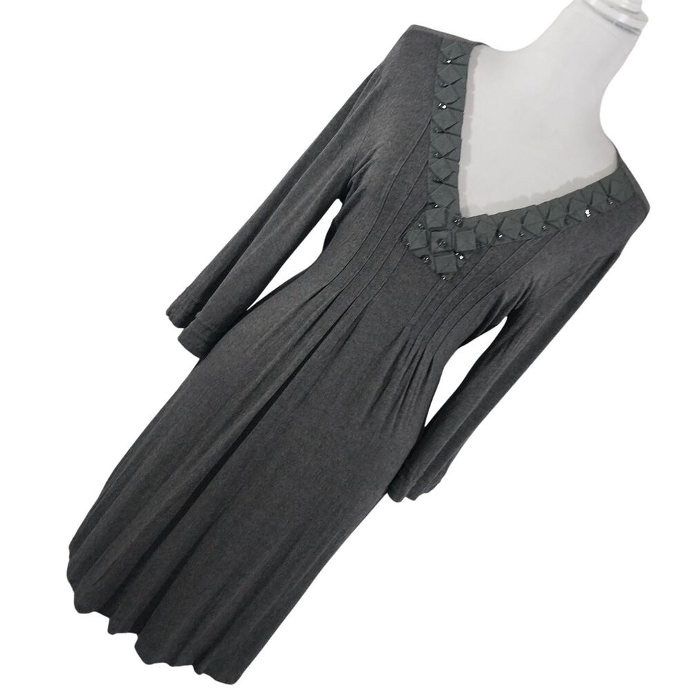 NEW YORK & CO.! DOVE GRAY MARLED LIGHTWEIGHT JERSEY JEWELED NECK DRESS! SZ L